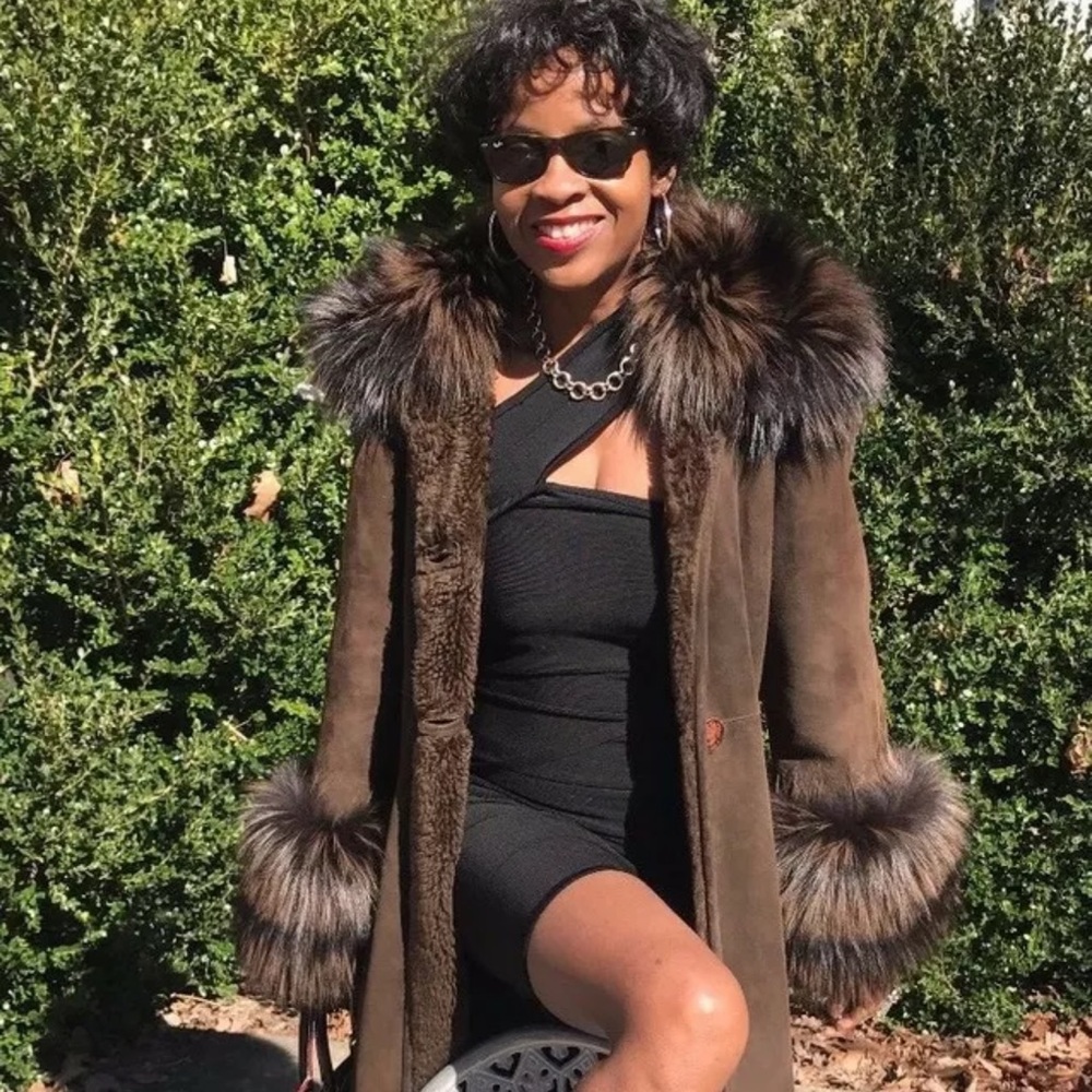 Mint Designer Full length Sable brown Shearling & Yellow tip Fox Fur Coat S 0-4 - Picture 10 of 16
